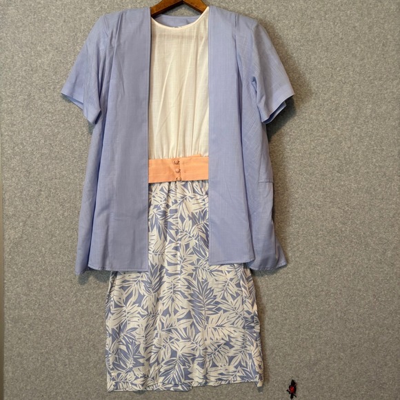 Leslie Fay Dresses & Skirts - Vintage Leslie Fay Womens 12 2pc Tea Dress Set Blue White Tropical Palm Leaf 80s